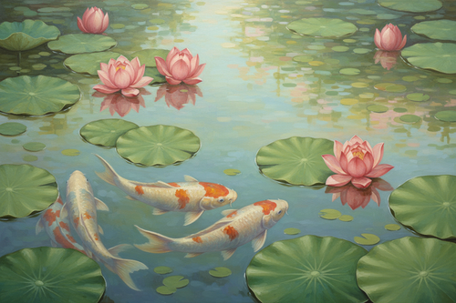 Painting of lotus flower pond with koi fishes in pastel green and pink/ reddish colors 