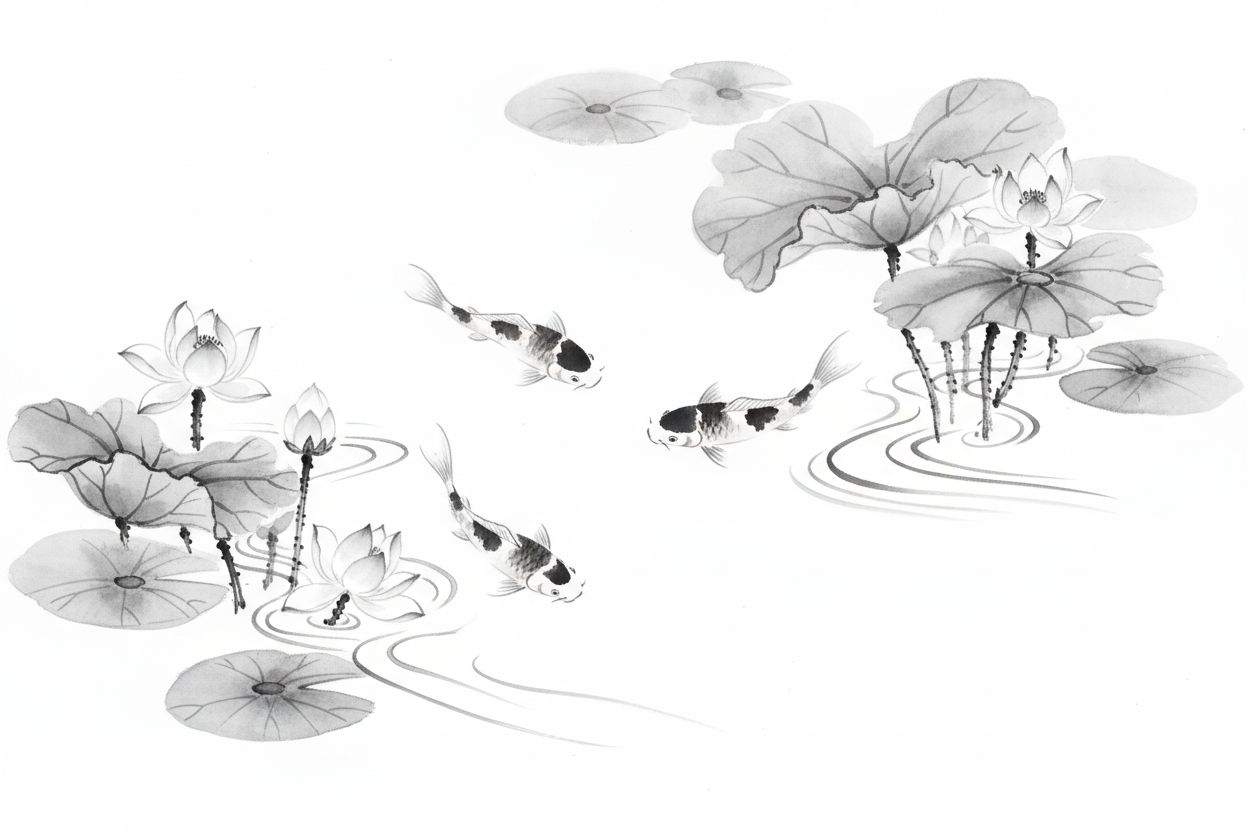 Zen Buddhist painting in black and white of abstract lotus flower pond and koi fishes